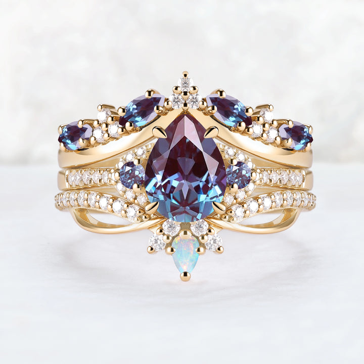 Unique Pear Cut Alexandrite Vine Gemstone Ring Set 3pcs