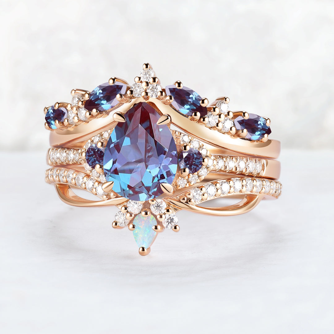 Unique Pear Cut Alexandrite Vine Gemstone Ring Set 3pcs