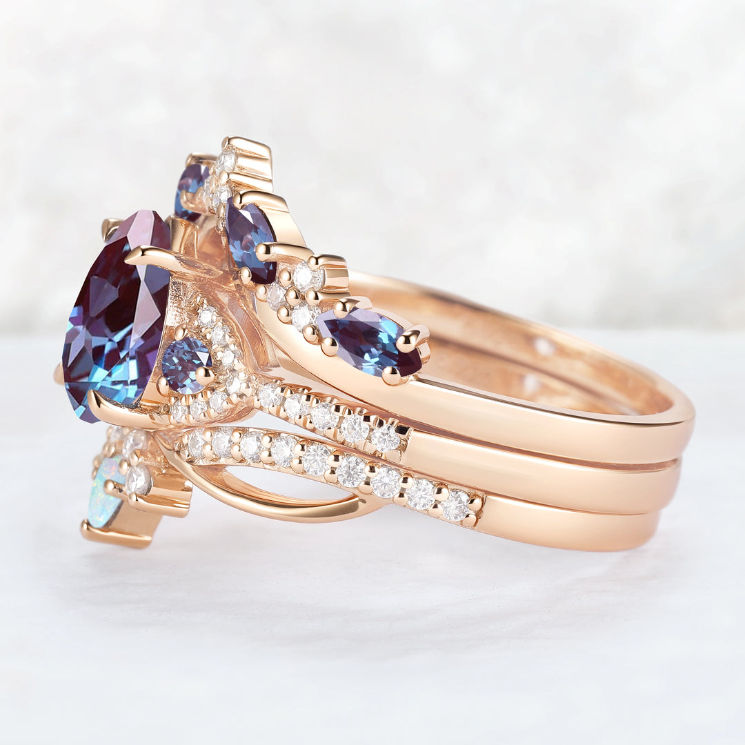 Unique Pear Cut Alexandrite Vine Gemstone Ring Set 3pcs