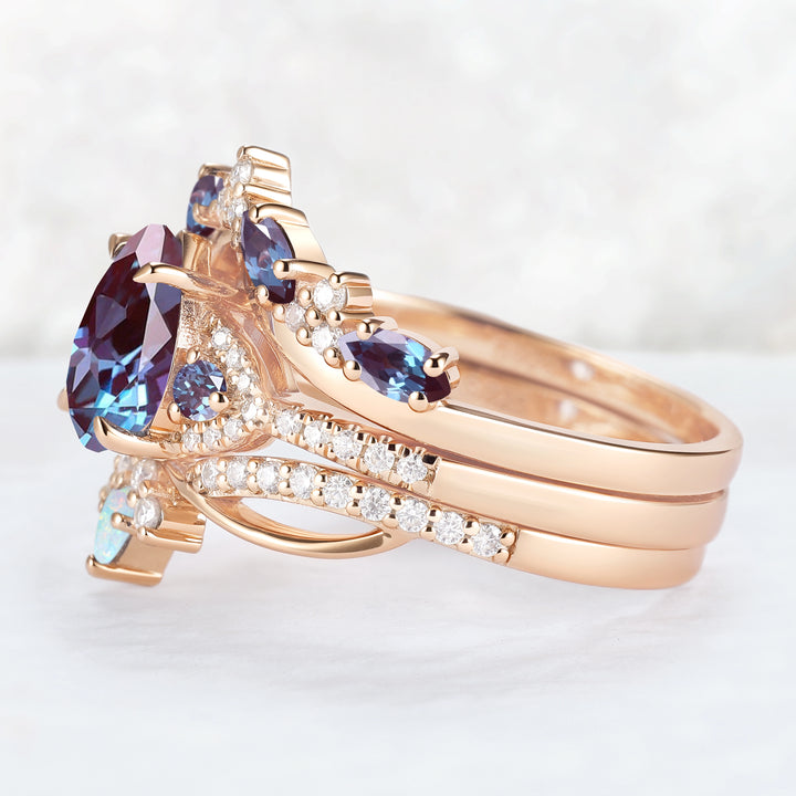 Unique Pear Cut Alexandrite Vine Gemstone Ring Set 3pcs