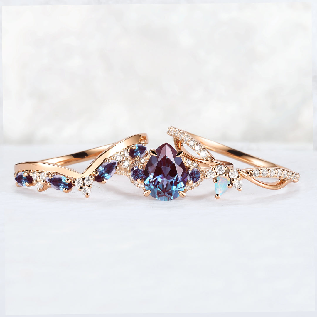 Unique Pear Cut Alexandrite Vine Gemstone Ring Set 3pcs