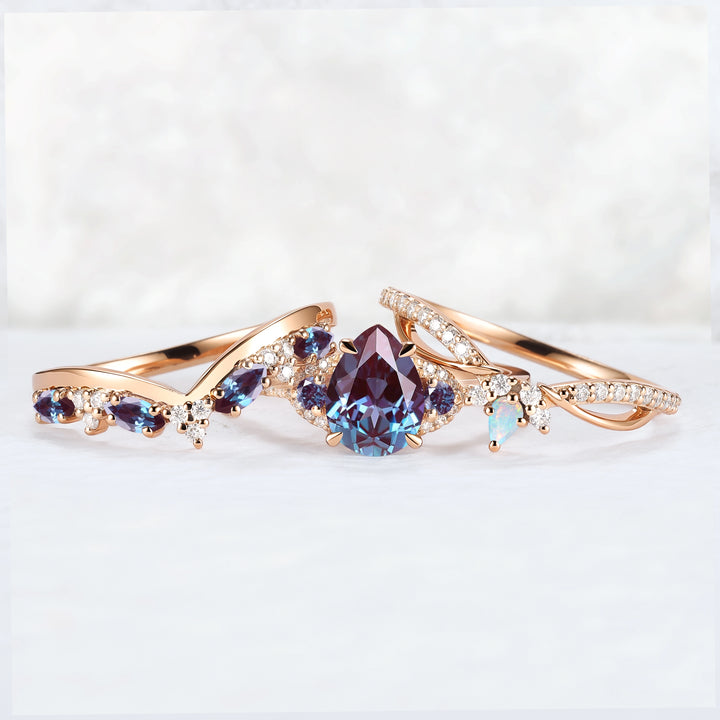 Unique Pear Cut Alexandrite Vine Gemstone Ring Set 3pcs