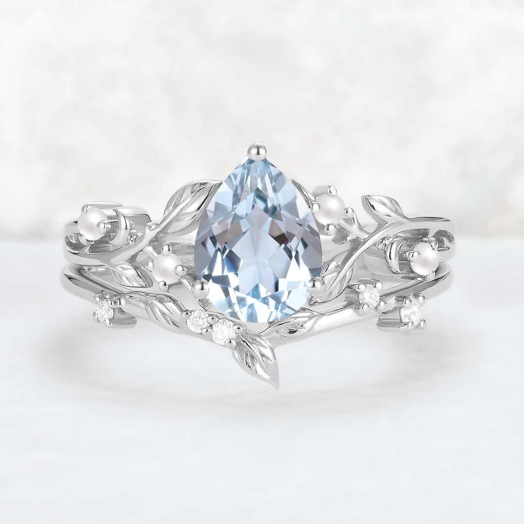 Unique Pear Cut Aquamarine Leafy Engagement Ring 2pcs