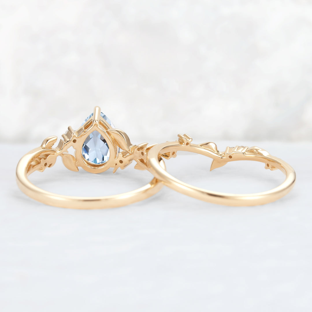 Unique Pear Cut Aquamarine Leafy Engagement Ring 2pcs