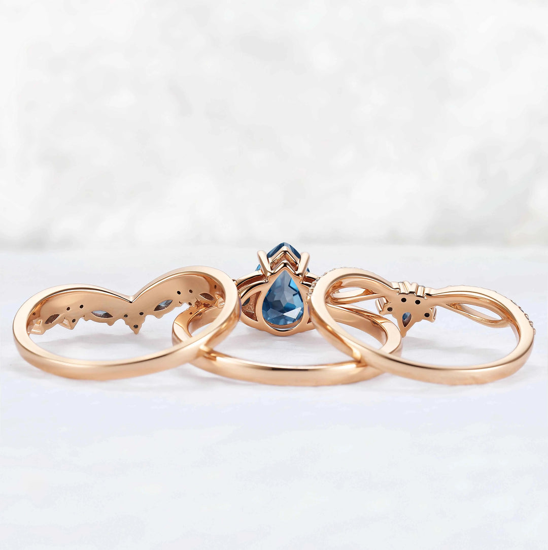 Unique Pear Cut Alexandrite Vine Gemstone Ring Set 3pcs