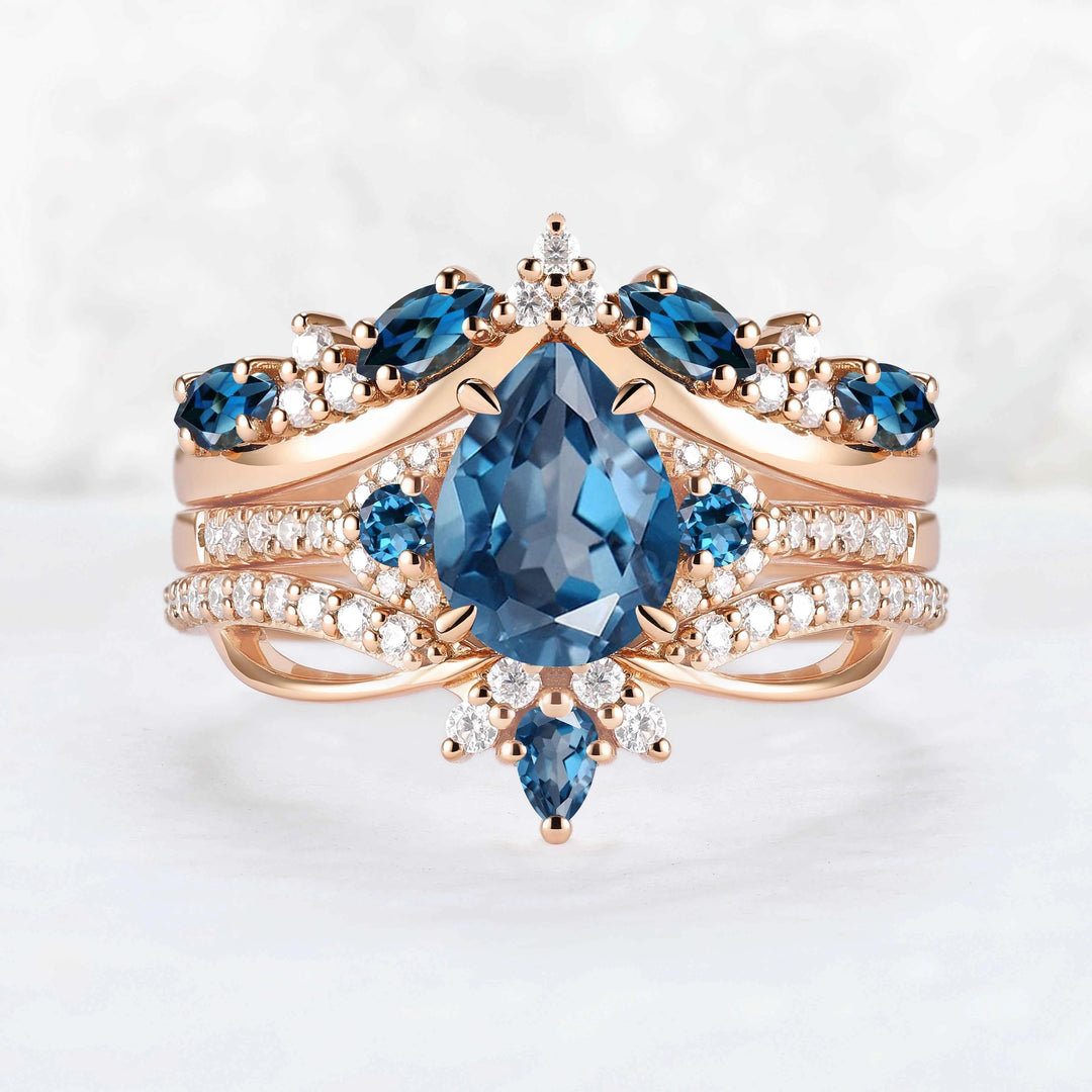 Unique Pear Cut Alexandrite Vine Gemstone Ring Set 3pcs