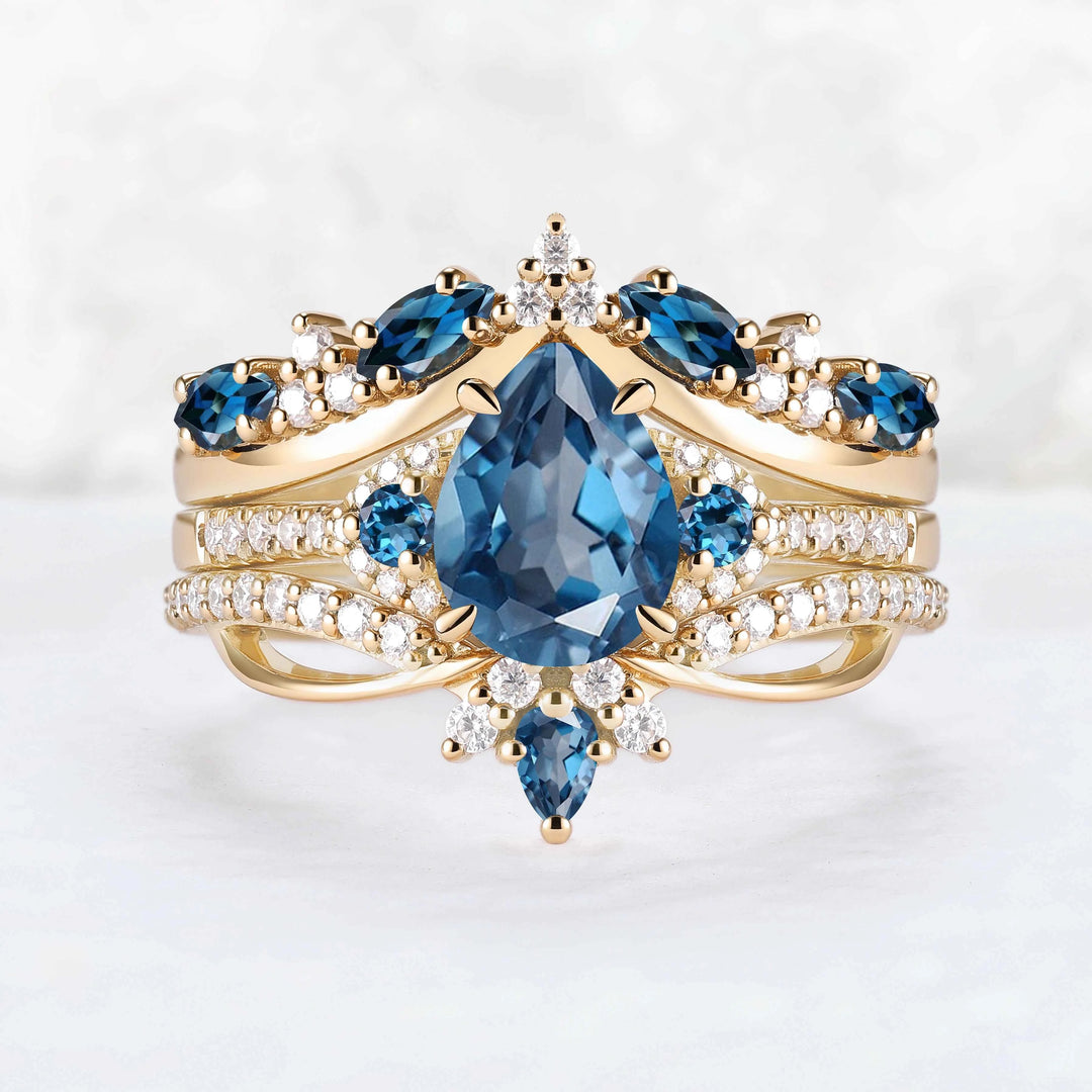 Unique Pear Cut Alexandrite Vine Gemstone Ring Set 3pcs