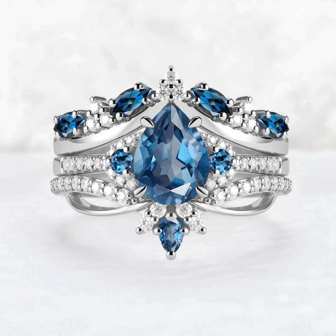 Unique Pear Cut Alexandrite Vine Gemstone Ring Set 3pcs