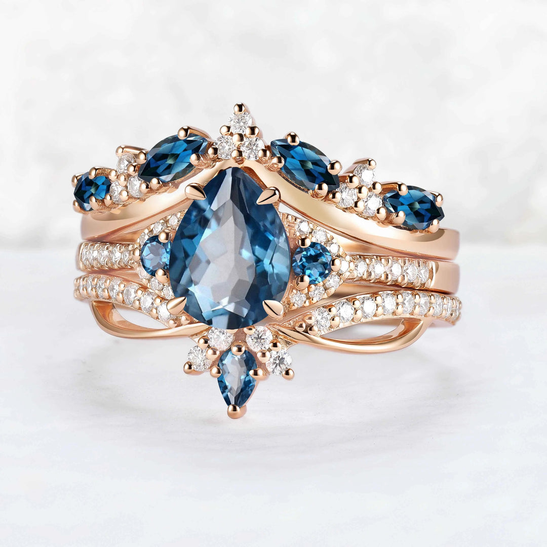 Unique Pear Cut Alexandrite Vine Gemstone Ring Set 3pcs