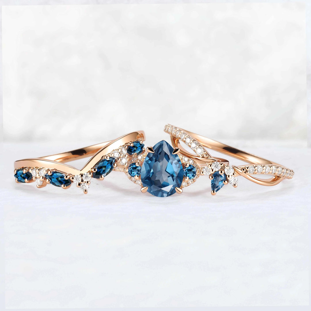 Unique Pear Cut Alexandrite Vine Gemstone Ring Set 3pcs