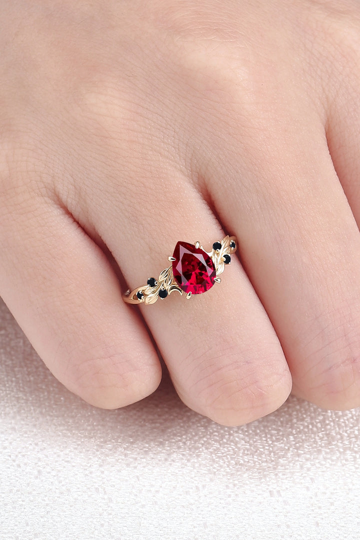 Unique Pear Cut Lab Ruby Moon Style Gemstone Ring
