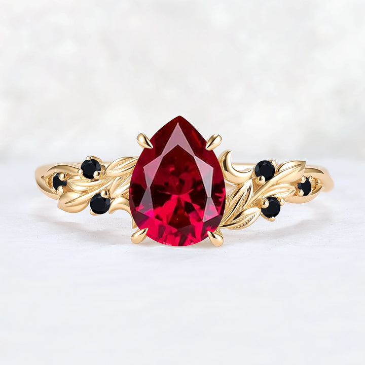 Unique Pear Cut Lab Ruby Moon Style Gemstone Ring