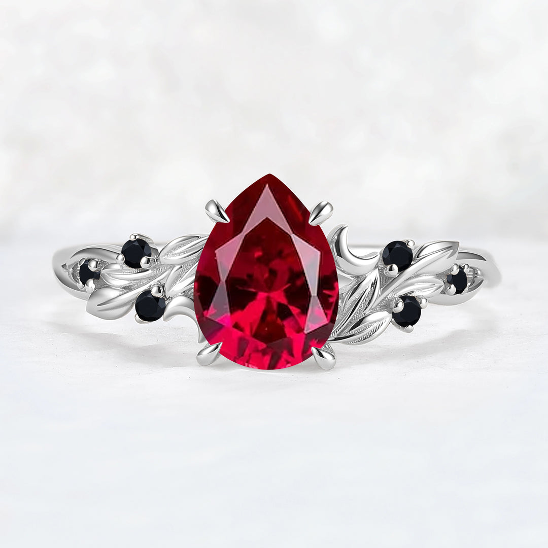 Unique Pear Cut Lab Ruby Moon Style Gemstone Ring