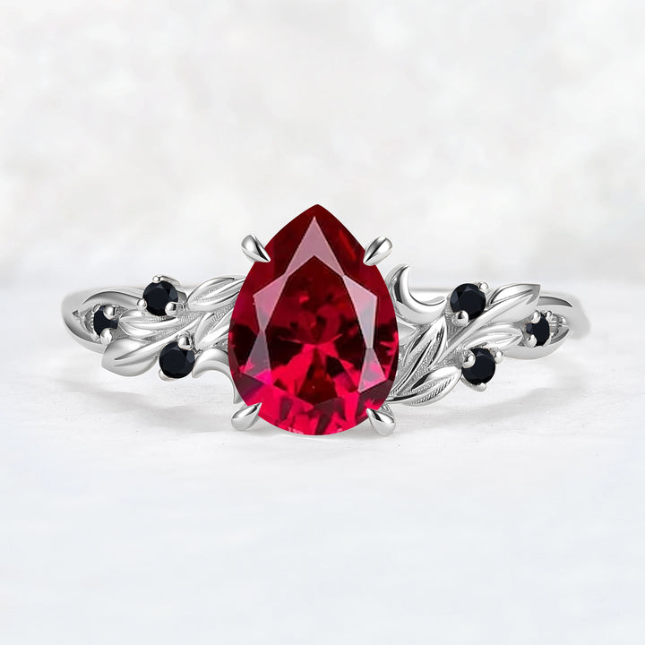 Unique Pear Cut Lab Ruby Moon Style Gemstone Ring