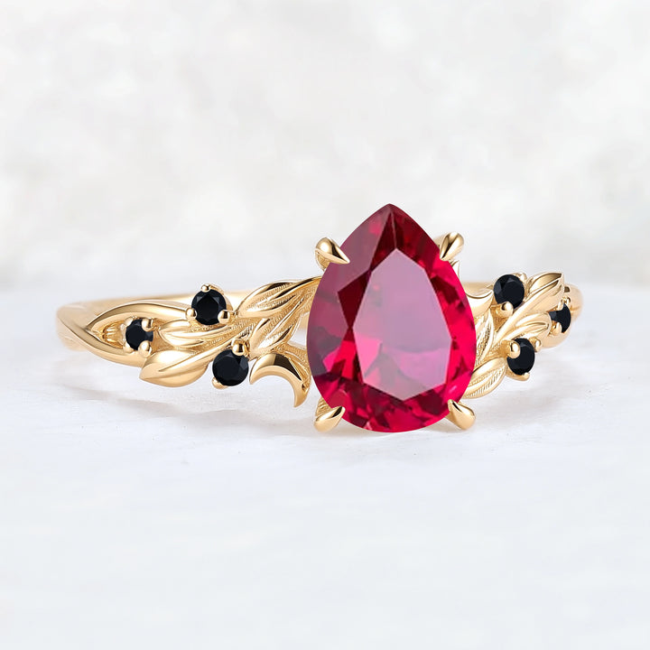 Unique Pear Cut Lab Ruby Moon Style Gemstone Ring