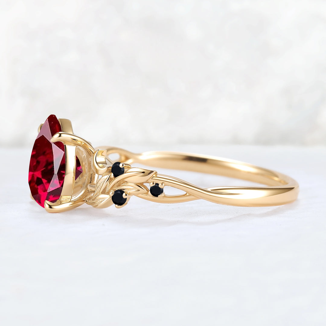 Unique Pear Cut Lab Ruby Moon Style Gemstone Ring