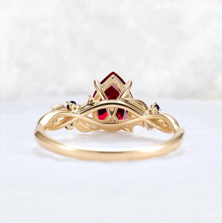 Unique Pear Cut Lab Ruby Moon Style Gemstone Ring