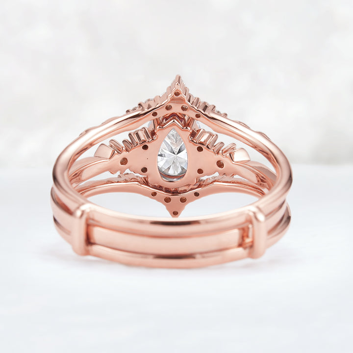 Unique Pear Cut Moissanite Cluster Enhancer Engagement Ring Set 2pcs-3
