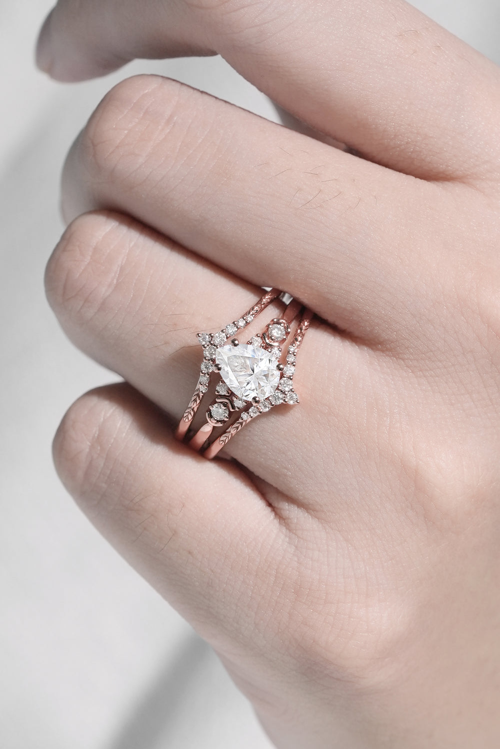 Unique Pear Cut Moissanite Cluster Enhancer Engagement Ring Set 2pcs-2