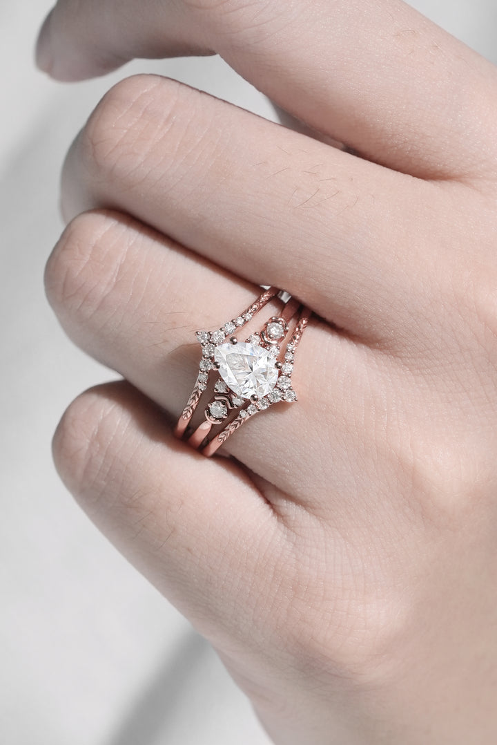 Unique Pear Cut Moissanite Cluster Enhancer Engagement Ring Set 2pcs-2