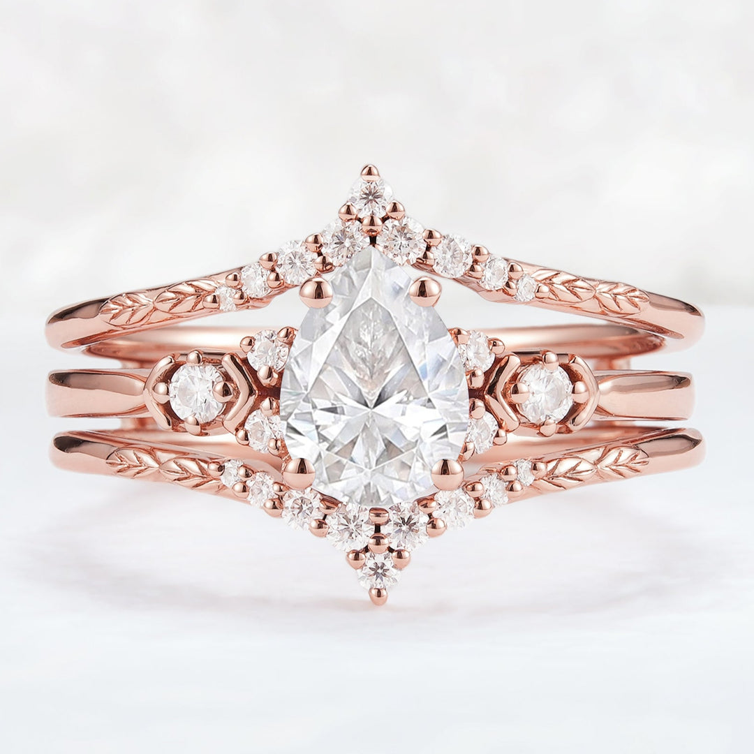 Unique Pear Cut Moissanite Cluster Enhancer Engagement Ring Set 2pcs-1