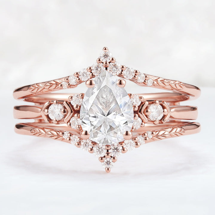 Unique Pear Cut Moissanite Cluster Enhancer Engagement Ring Set 2pcs-1