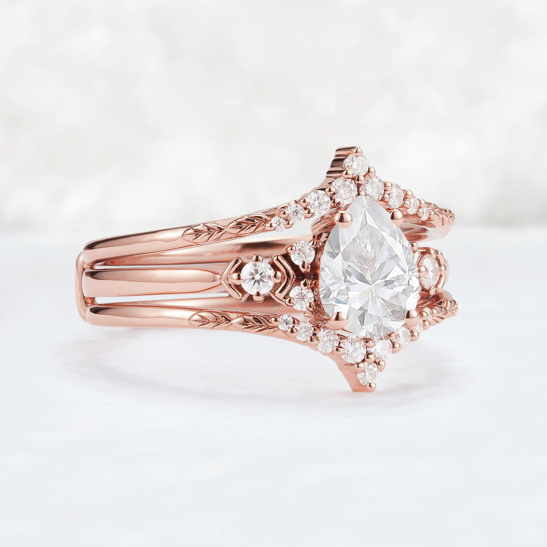 Unique Pear Cut Moissanite Cluster Enhancer Engagement Ring Set 2pcs-4