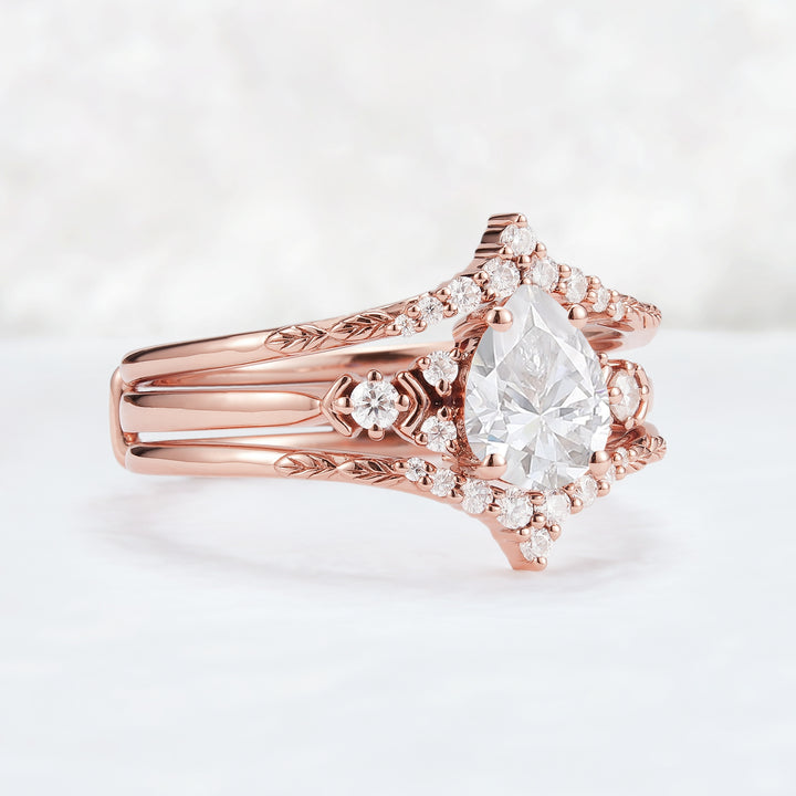 Unique Pear Cut Moissanite Cluster Enhancer Engagement Ring Set 2pcs-4