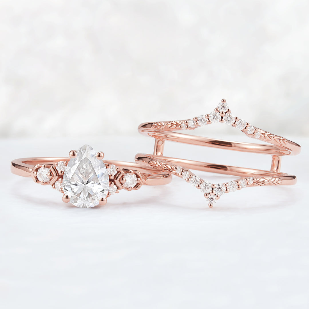 Unique Pear Cut Moissanite Cluster Enhancer Engagement Ring Set 2pcs-5