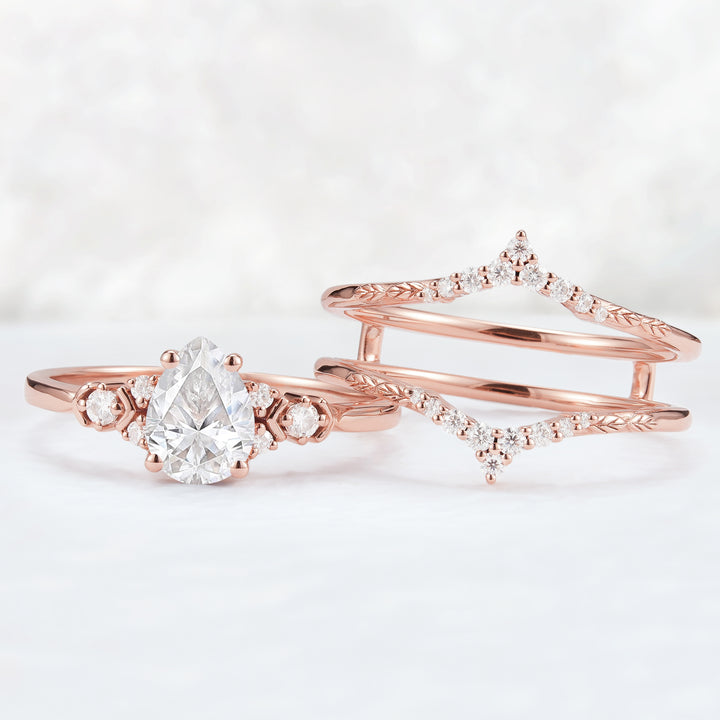 Unique Pear Cut Moissanite Cluster Enhancer Engagement Ring Set 2pcs-5