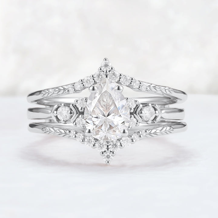 Unique Pear Cut Moissanite Cluster Enhancer Gemstone Ring Set 2pcs