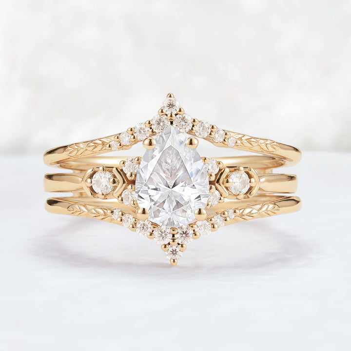 Unique Pear Cut Moissanite Cluster Enhancer Gemstone Ring Set 2pcs