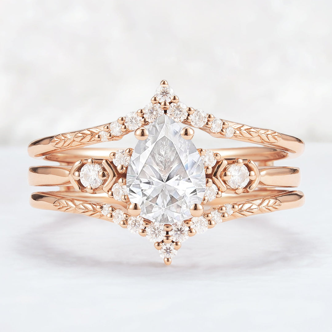 Unique Pear Cut Moissanite Cluster Enhancer Gemstone Ring Set 2pcs