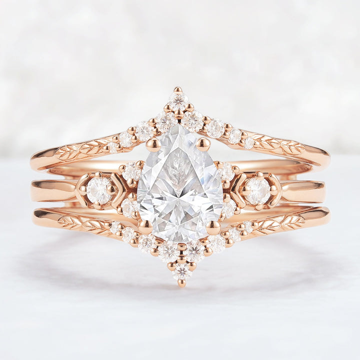 Unique Pear Cut Moissanite Cluster Enhancer Gemstone Ring Set 2pcs
