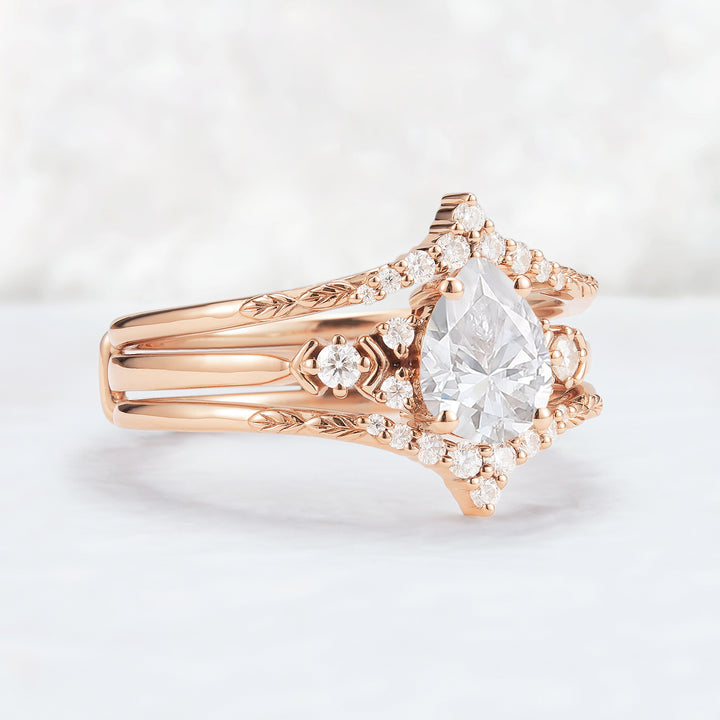 Unique Pear Cut Moissanite Cluster Enhancer Gemstone Ring Set 2pcs