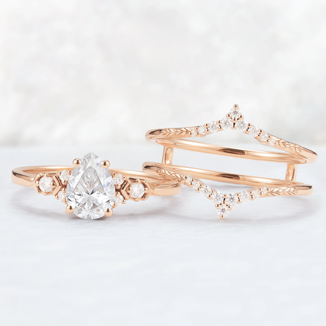 Unique Pear Cut Moissanite Cluster Enhancer Gemstone Ring Set 2pcs