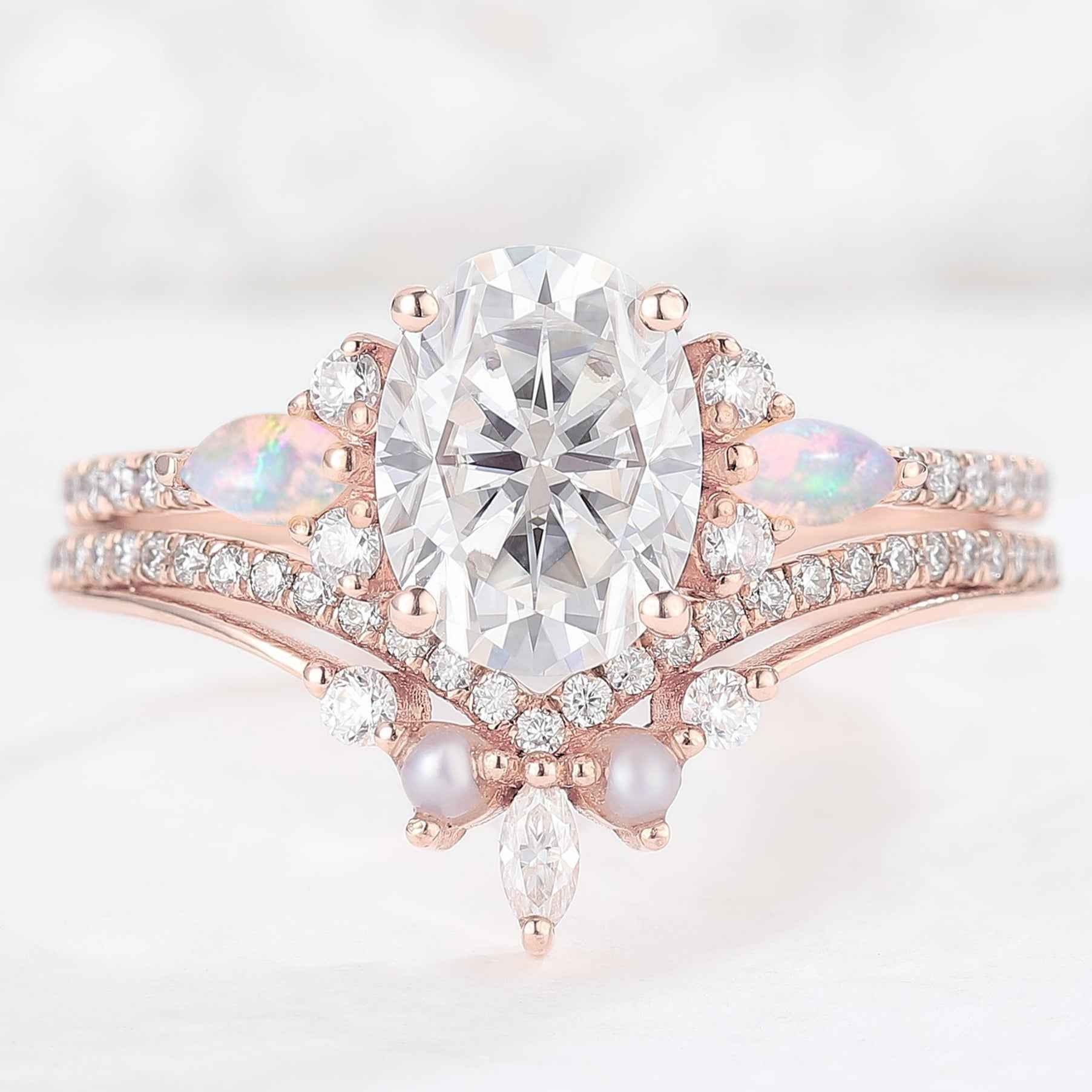 Unique Oval Cut Moissanite Seven  Stones Engagement Ring 2pcs