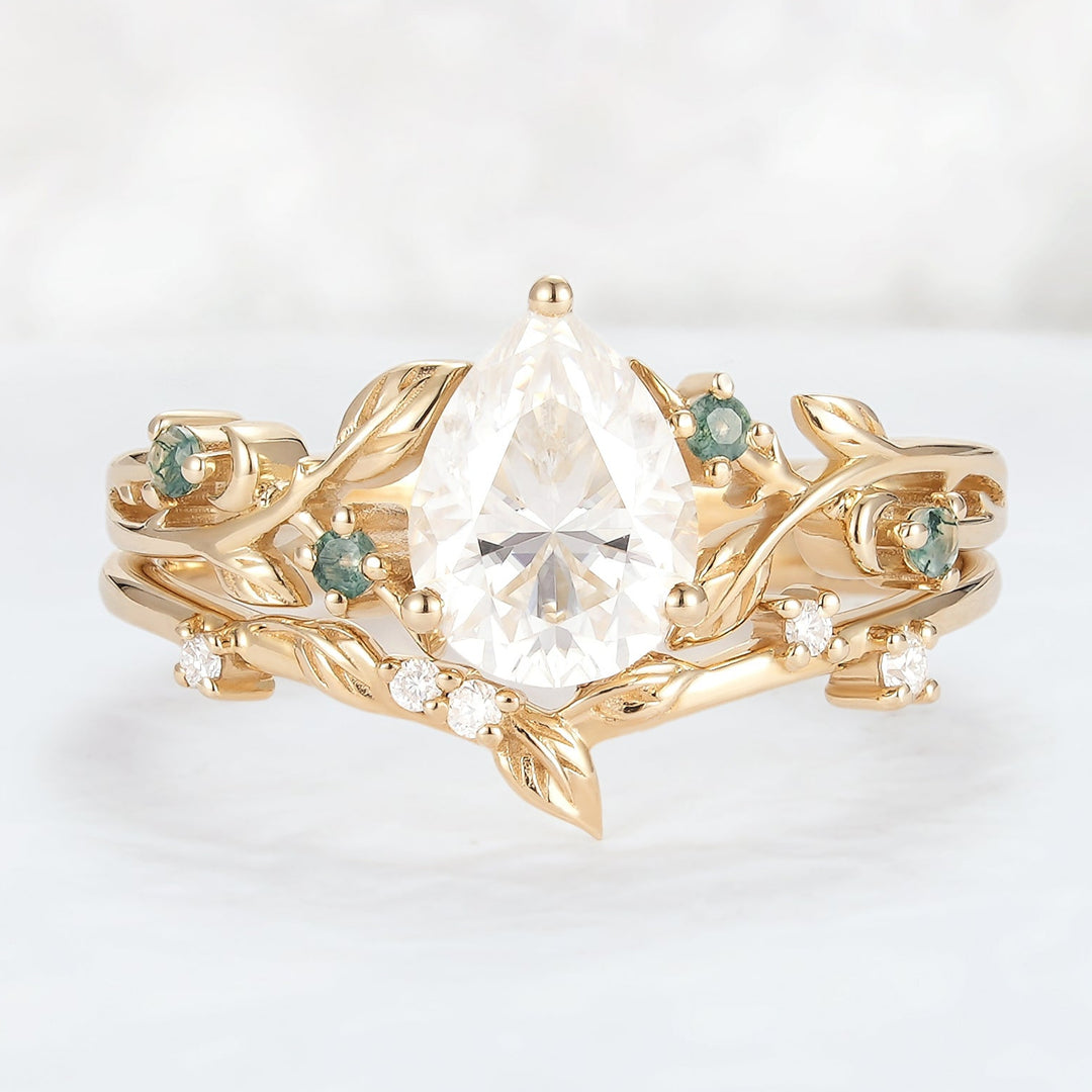 Unique Pear Cut Moissanite Leafy Engagement Ring 2pcs