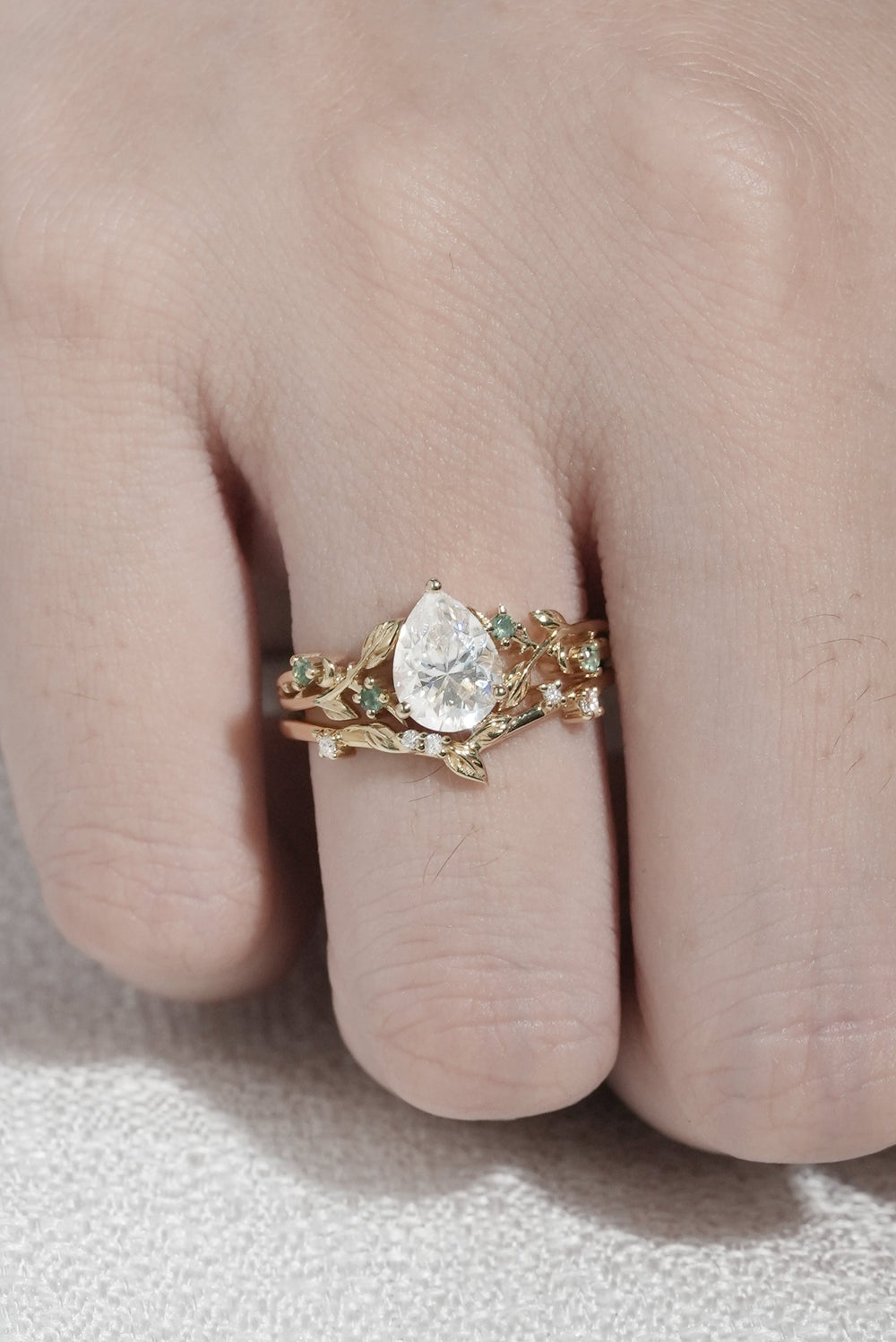 Unique Pear Cut Moissanite Leafy Engagement Ring 2pcs