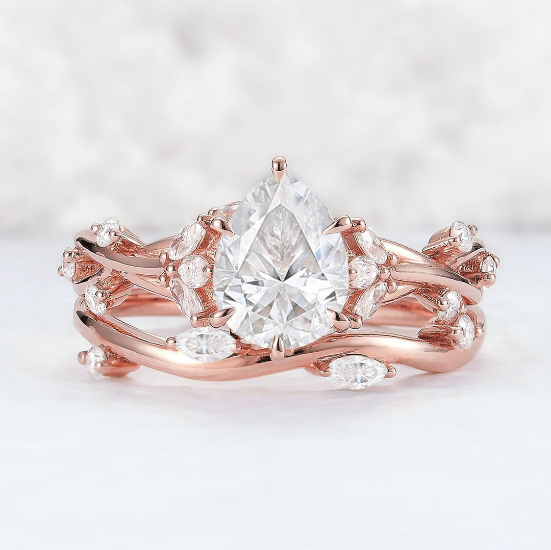 Unique Pear Cut Moissanite Vine Engagement Ring Set 2pcs
