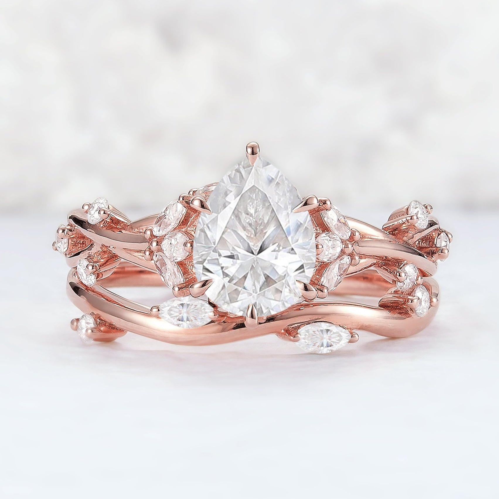 Unique Pear Cut Moissanite Vine Engagement Ring Set 2pcs