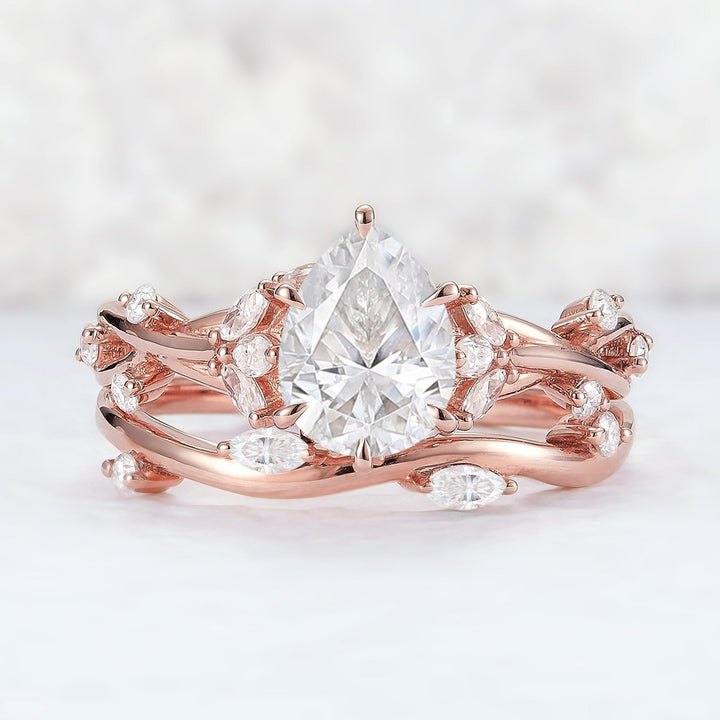 Unique Pear Cut Moissanite Vine Engagement Ring Set 2pcs