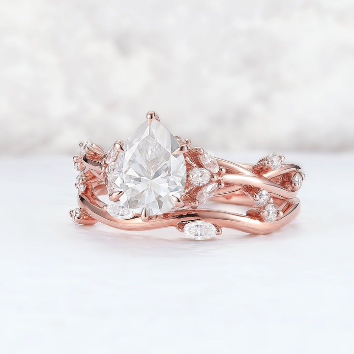 Unique Pear Cut Moissanite Vine Engagement Ring Set 2pcs - Iver Jewelry