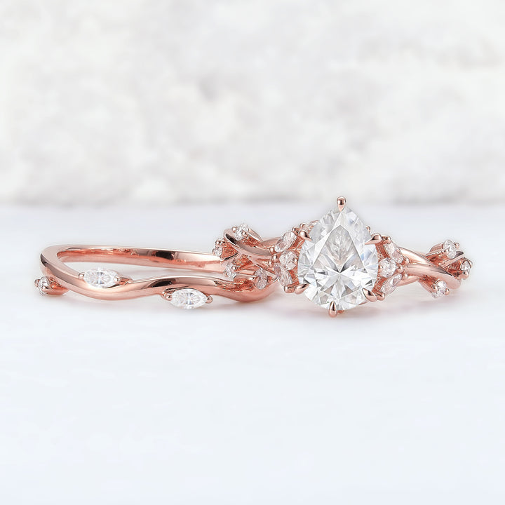 Unique Pear Cut Moissanite Vine Engagement Ring Set 2pcs - Iver Jewelry