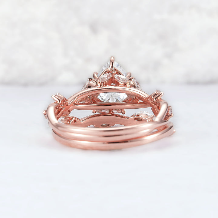Unique Pear Cut Moissanite Vine Engagement Ring Set 2pcs - Iver Jewelry