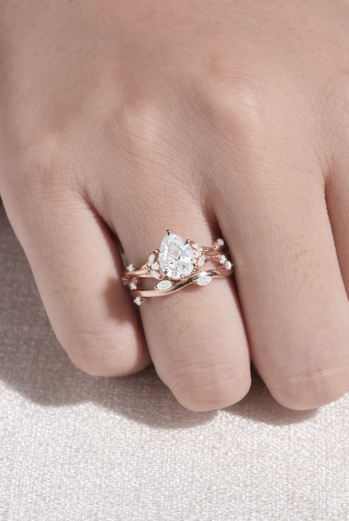 Unique Pear Cut Moissanite Vine Engagement Ring Set 2pcs - Iver Jewelry