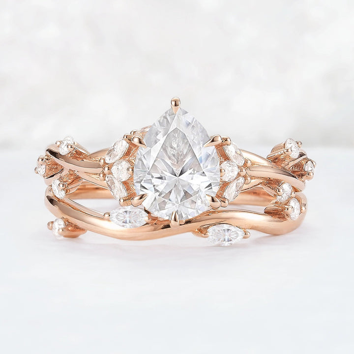 Unique Pear Cut Moissanite Vine Gemstone Ring Set 2pcs