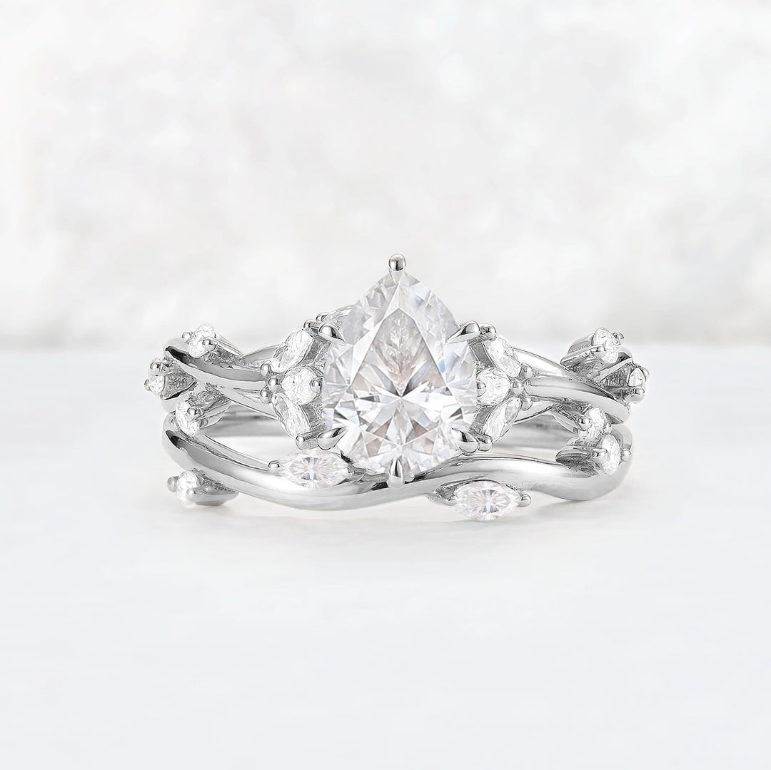 Unique Pear Cut Moissanite Vine Gemstone Ring Set 2pcs