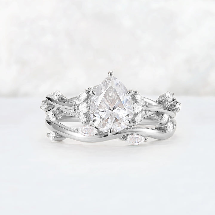 Unique Pear Cut Moissanite Vine Gemstone Ring Set 2pcs