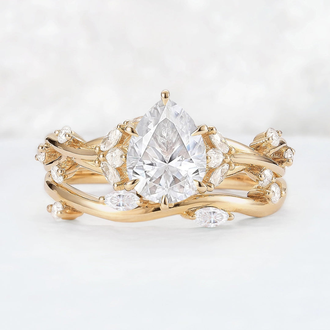 Unique Pear Cut Moissanite Vine Gemstone Ring Set 2pcs